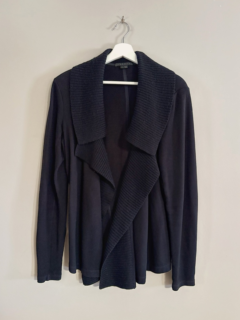 Theory Cardigan Women L Black Wool Ribbed Draped Two Tone Quiet Luxury Minimalis